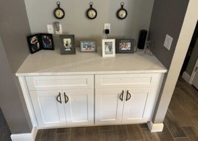 quartz countertop for storage cabinet in a corner niche