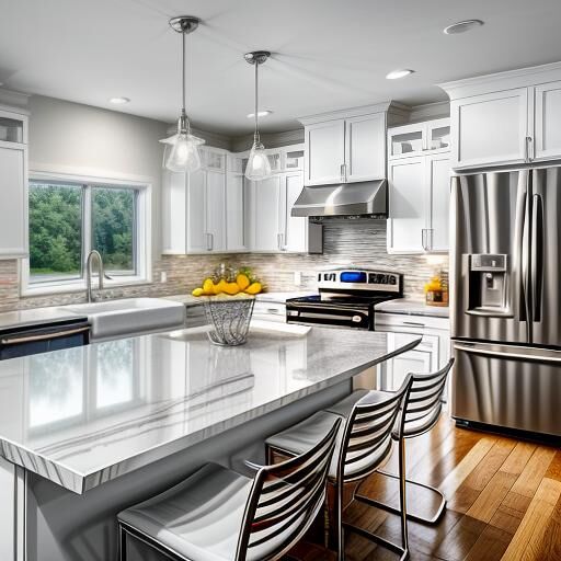 Modern kitchen with marble island and stainless appliances.