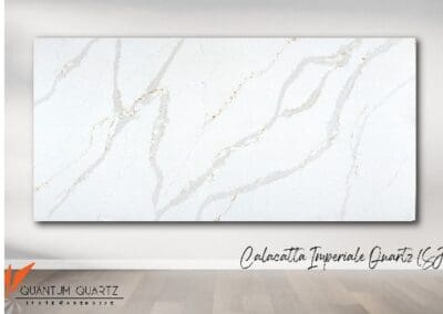 Calacatta Imperiale Quartz slab against wall.