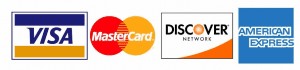 Credit card logos: Visa, MasterCard, Discover, AmEx.